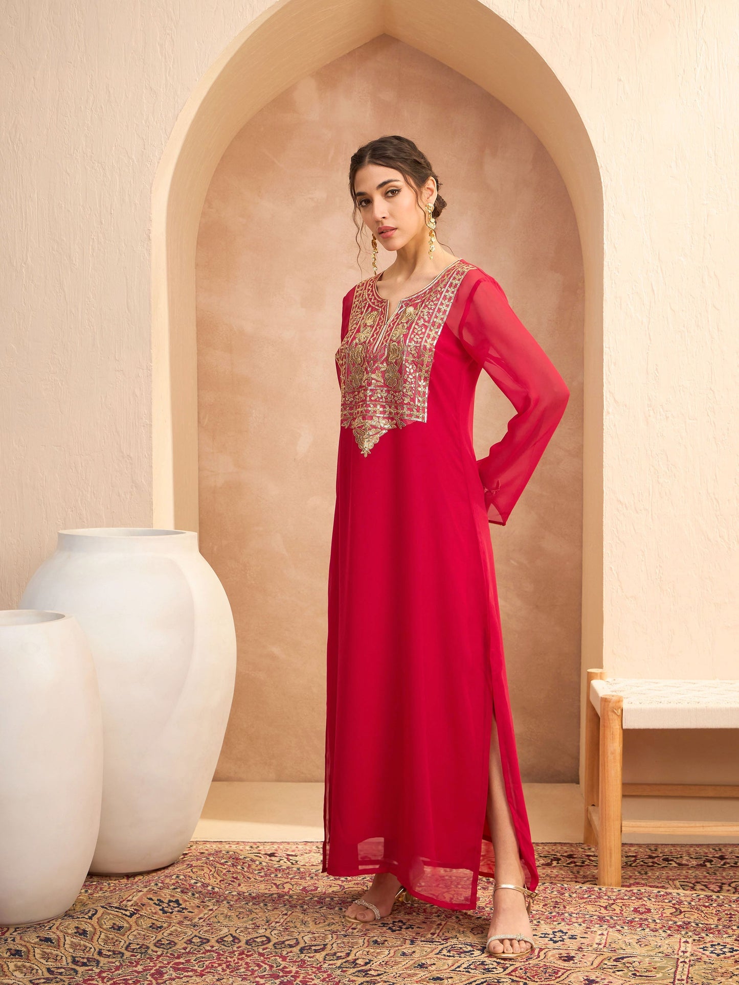Red Embroidered Round Neck Abaya Dress-Shae by SASSAFRAS