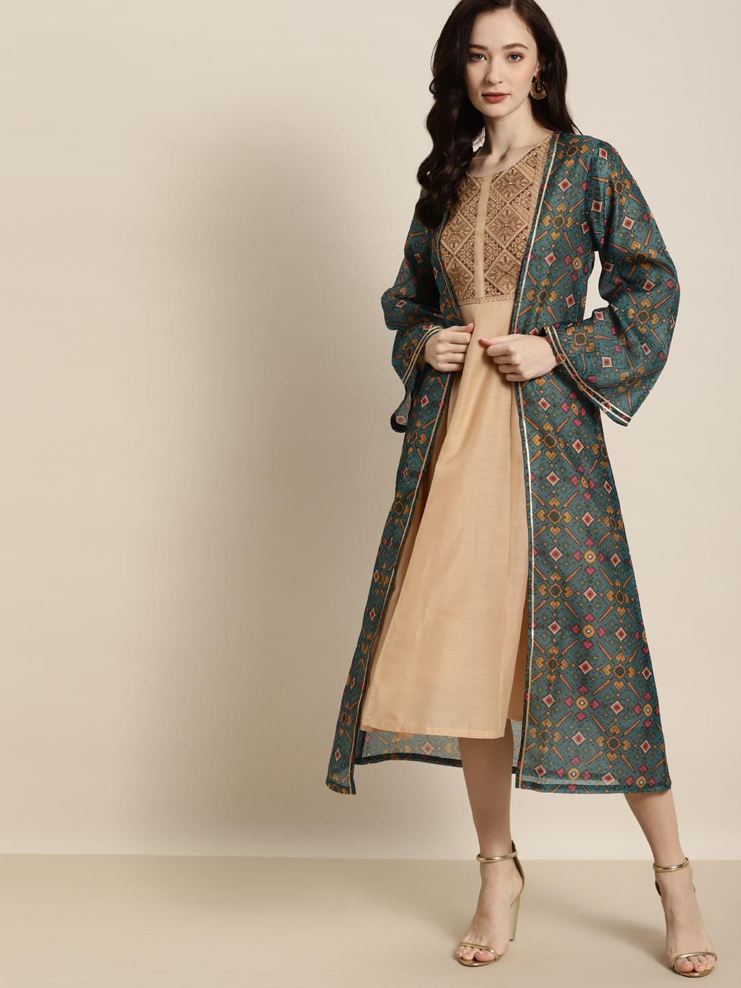 Women Teal Patola Front Open Shrug-Shrugs-SASSAFRAS