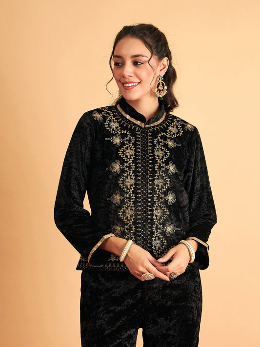 Black Velvet Front Embroidered Jacket-Shae by SASSAFRAS