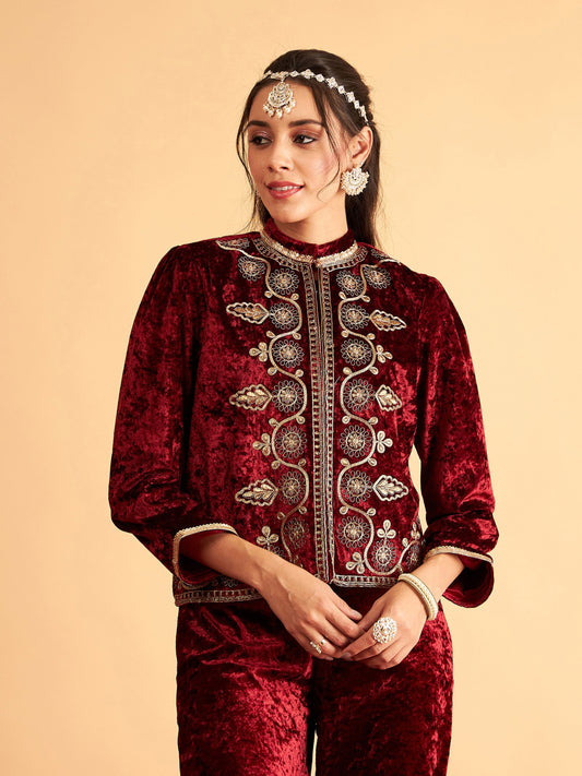 Maroon Velvet Front Embroidered Jacket-Shae by SASSAFRAS