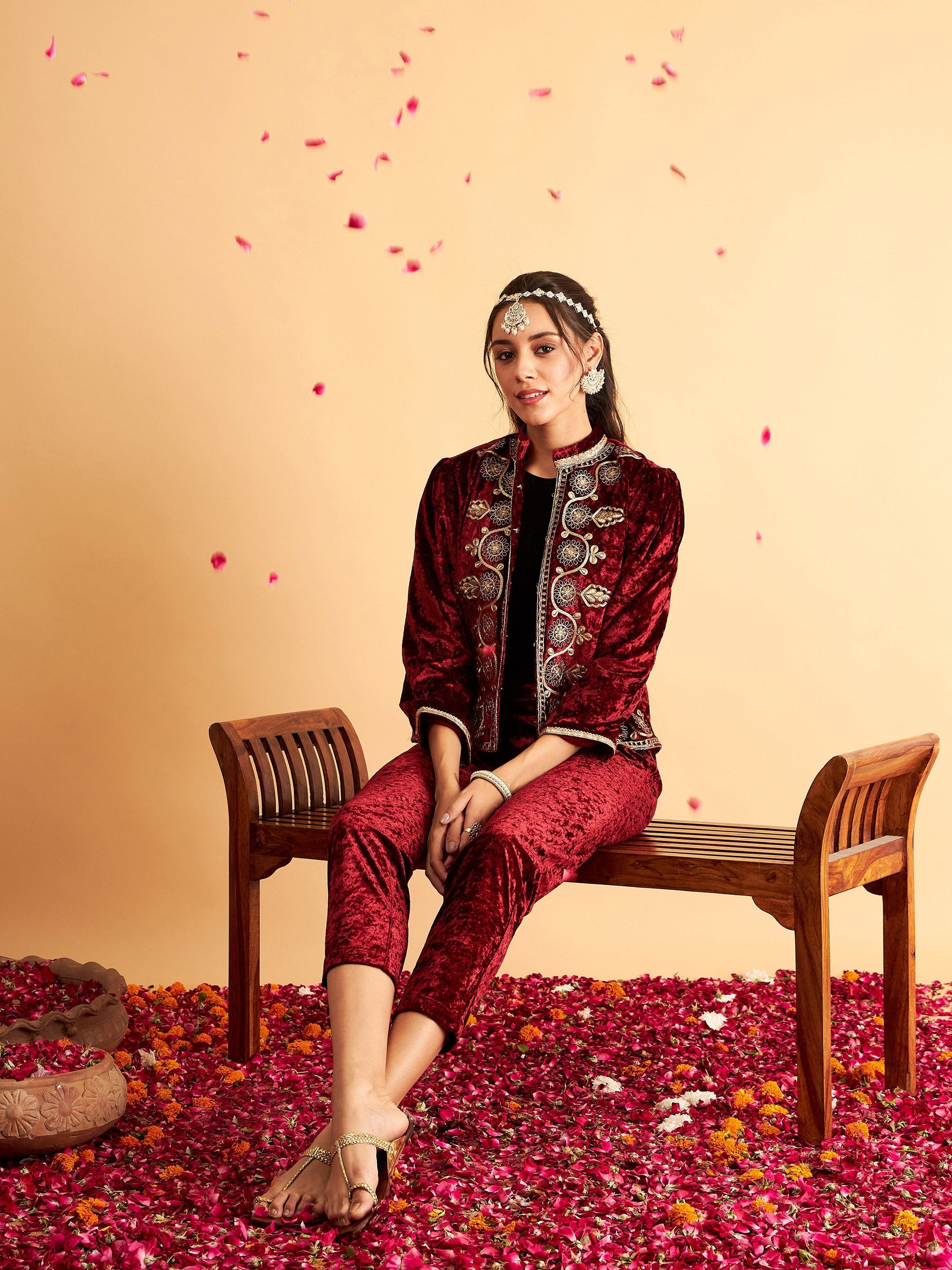 Maroon Velvet Front Embroidered Jacket-Shae by SASSAFRAS
