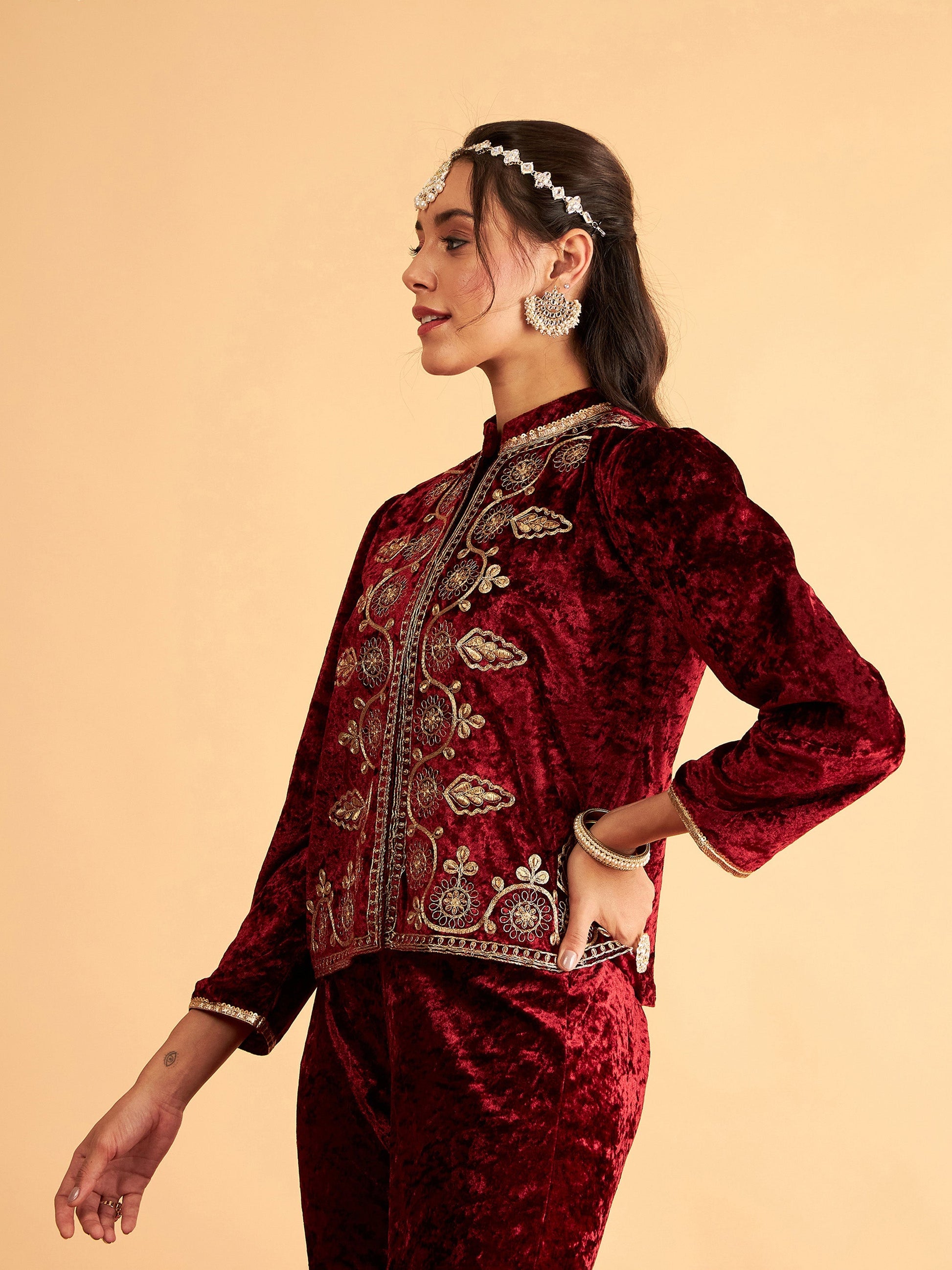 Maroon Velvet Front Embroidered Jacket-Shae by SASSAFRAS