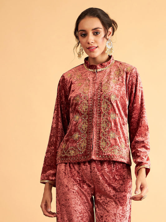Pink Velvet Front Embroidered Jacket-Shae by SASSAFRAS