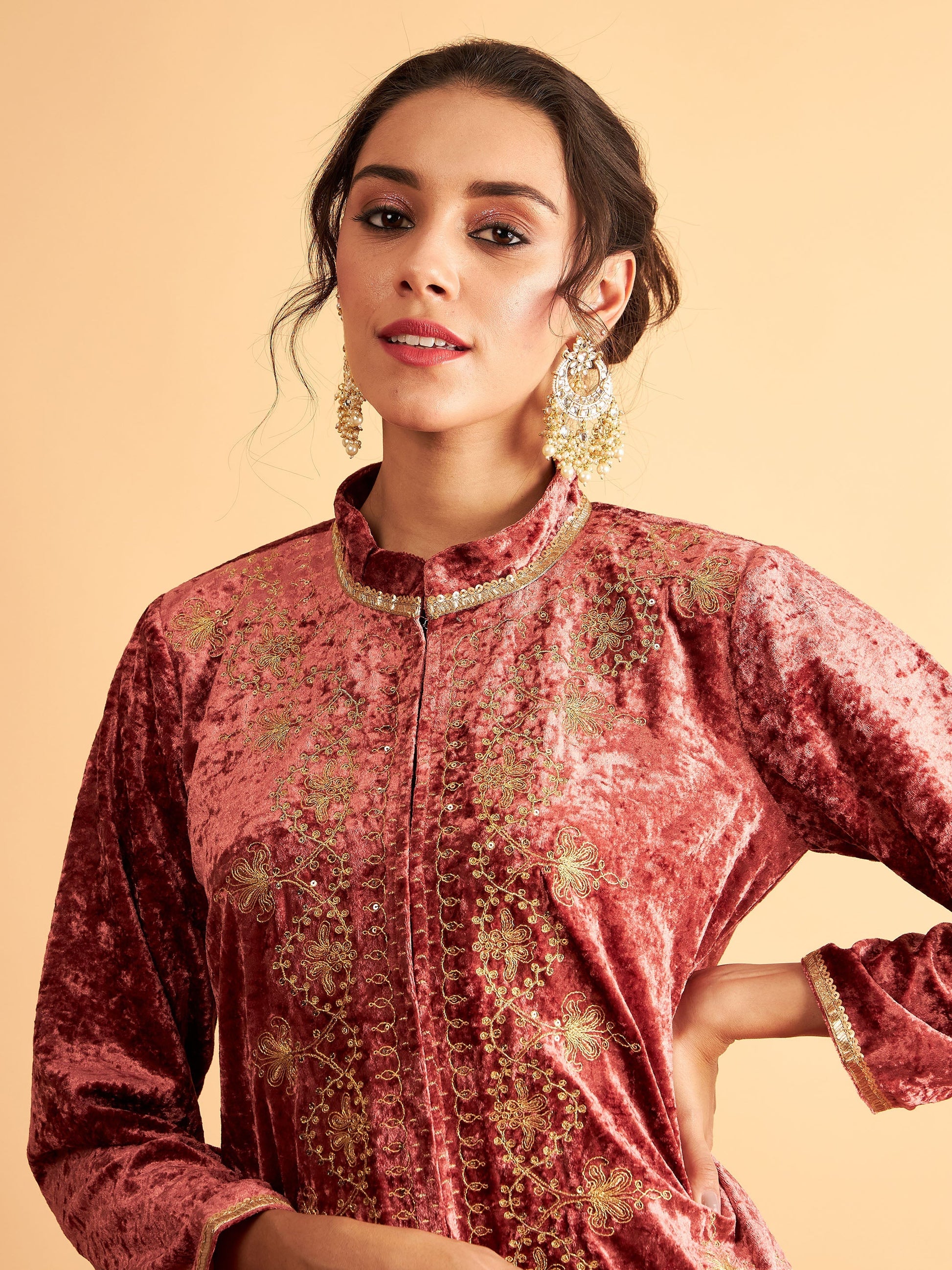 Pink Velvet Front Embroidered Jacket-Shae by SASSAFRAS