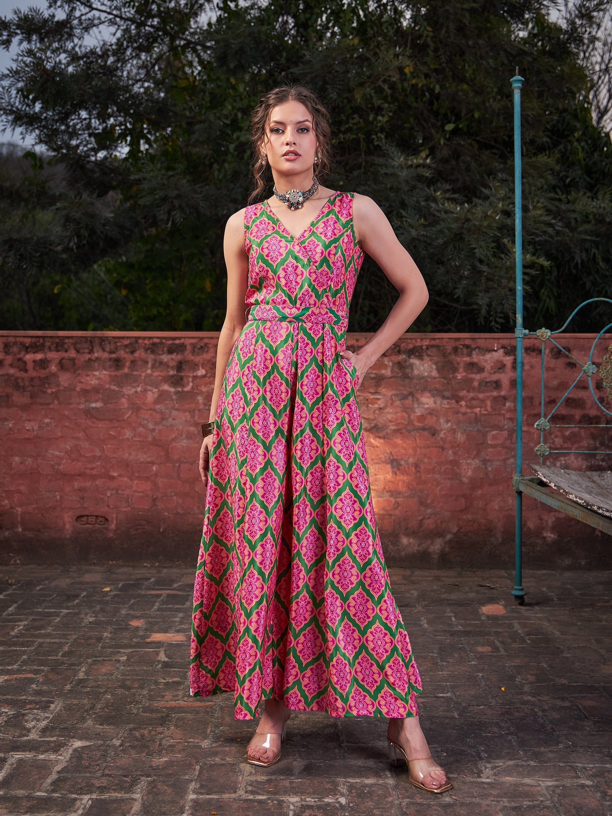Pink & Green Floral Sleeveless Wrap Jumpsuits-Shae by SASSAFRAS