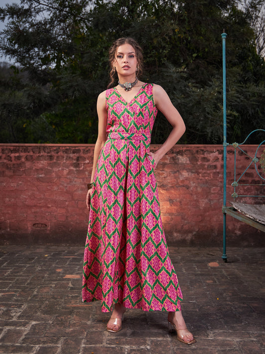Pink & Green Floral Sleeveless Wrap Jumpsuits-Shae by SASSAFRAS