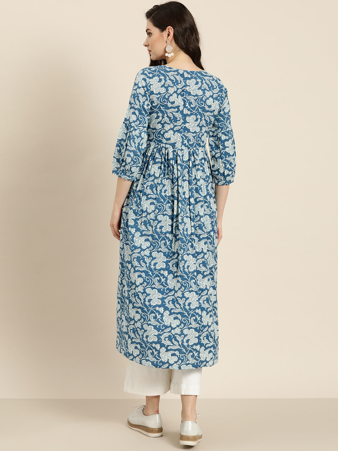Blue Floral Gathered Kurta Shkur00037