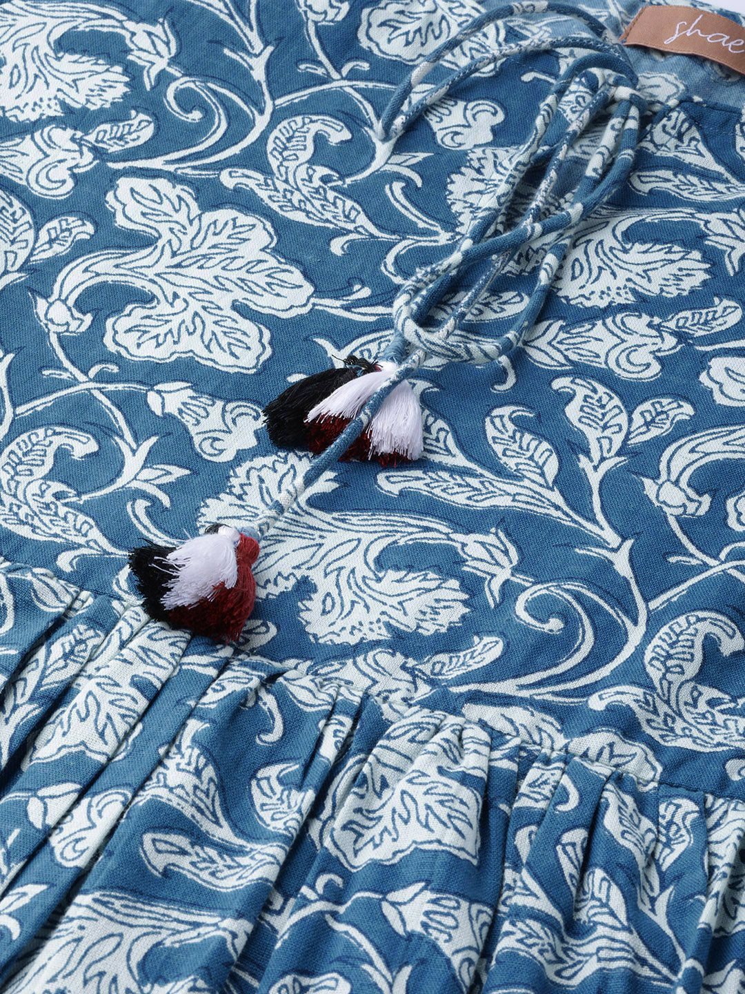Blue Floral Gathered Kurta Shkur00037