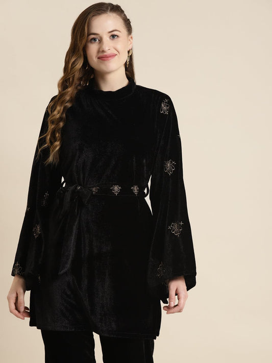 Black Velvet Zari Embroidered Belt Short Kurta-Kurtas-SASSAFRAS