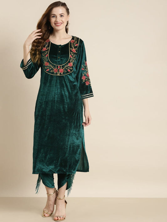 Teal Velvet Floral Embroidery Straight Kurta-Kurtas-SASSAFRAS