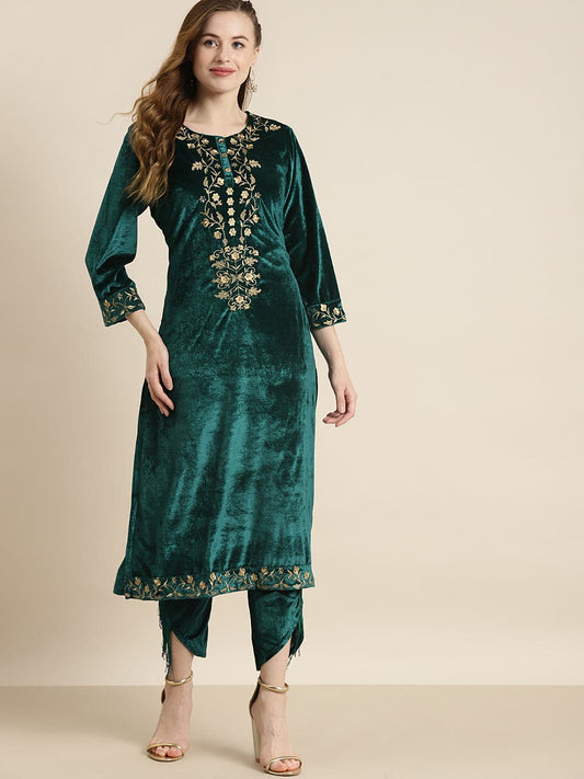 Teal Velvet Floral Zari Embroidery Kurta-Kurtas-SASSAFRAS