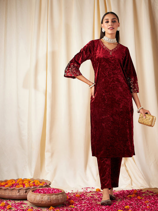 Maroon  Velvet Sleeve Embroidered Straight Kurta-Shae by SASSAFRAS