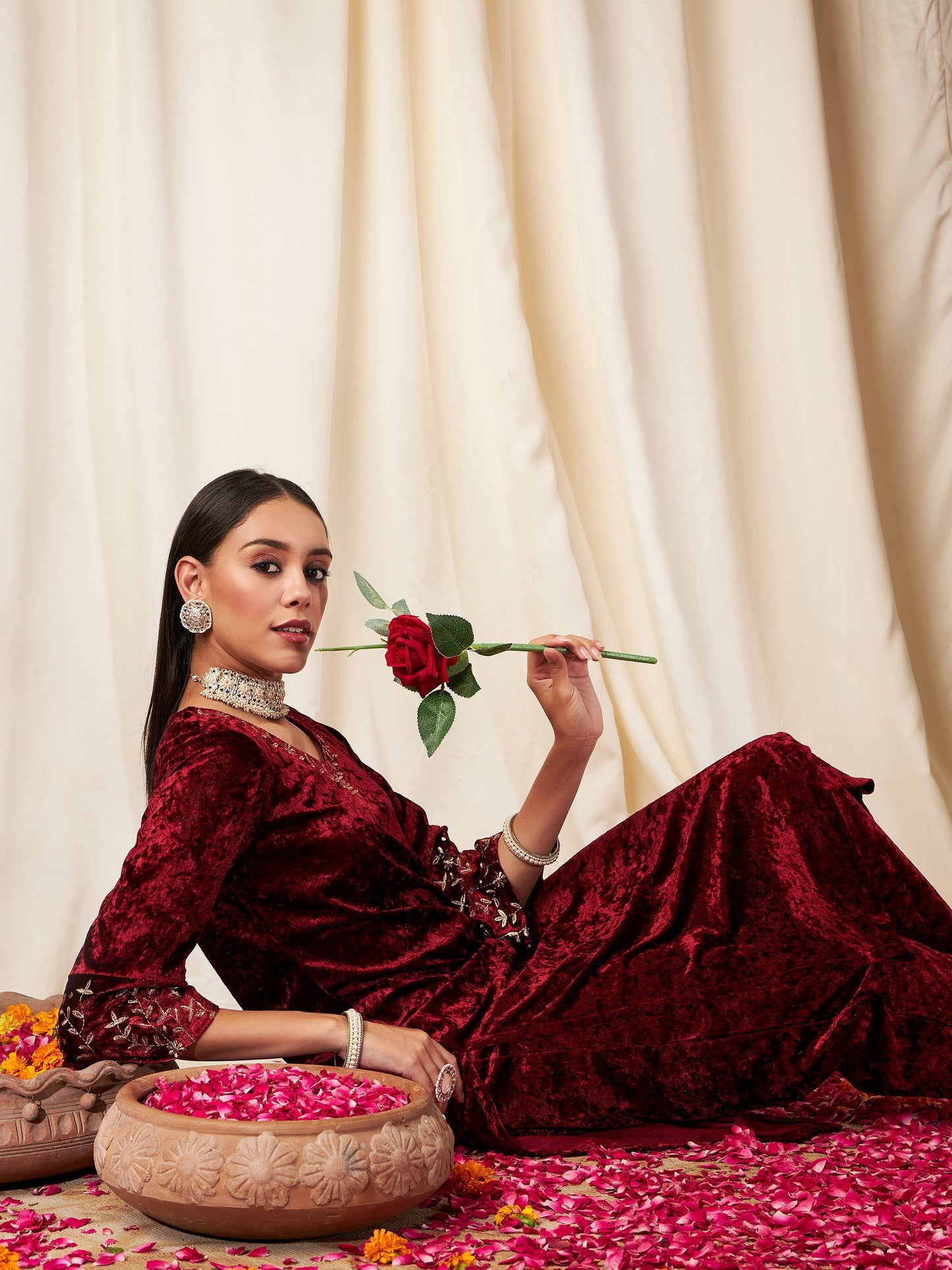 Maroon  Velvet Sleeve Embroidered Straight Kurta-Shae by SASSAFRAS