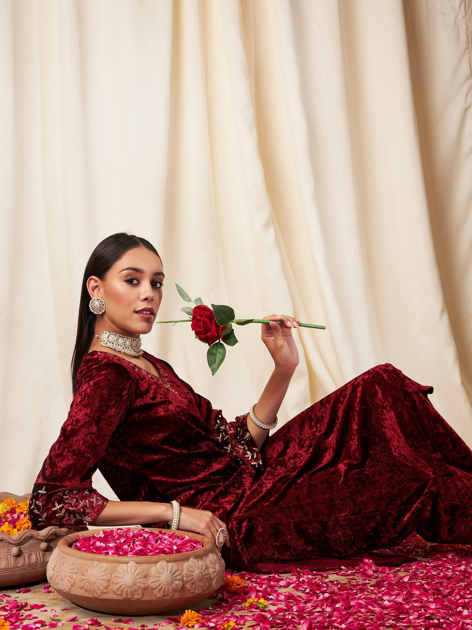 Maroon  Velvet Sleeve Embroidered Straight Kurta-Shae by SASSAFRAS