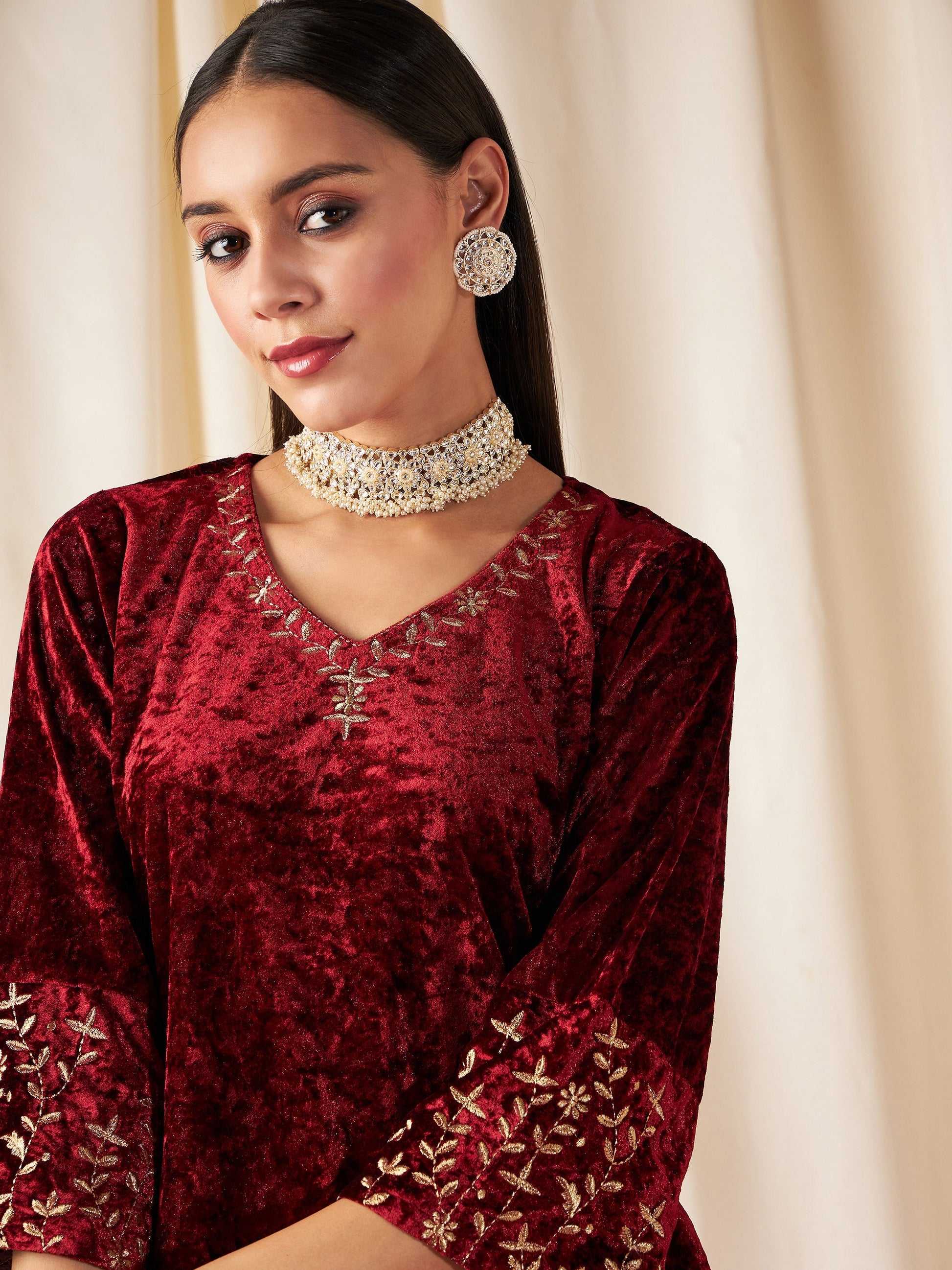 Maroon  Velvet Sleeve Embroidered Straight Kurta-Shae by SASSAFRAS