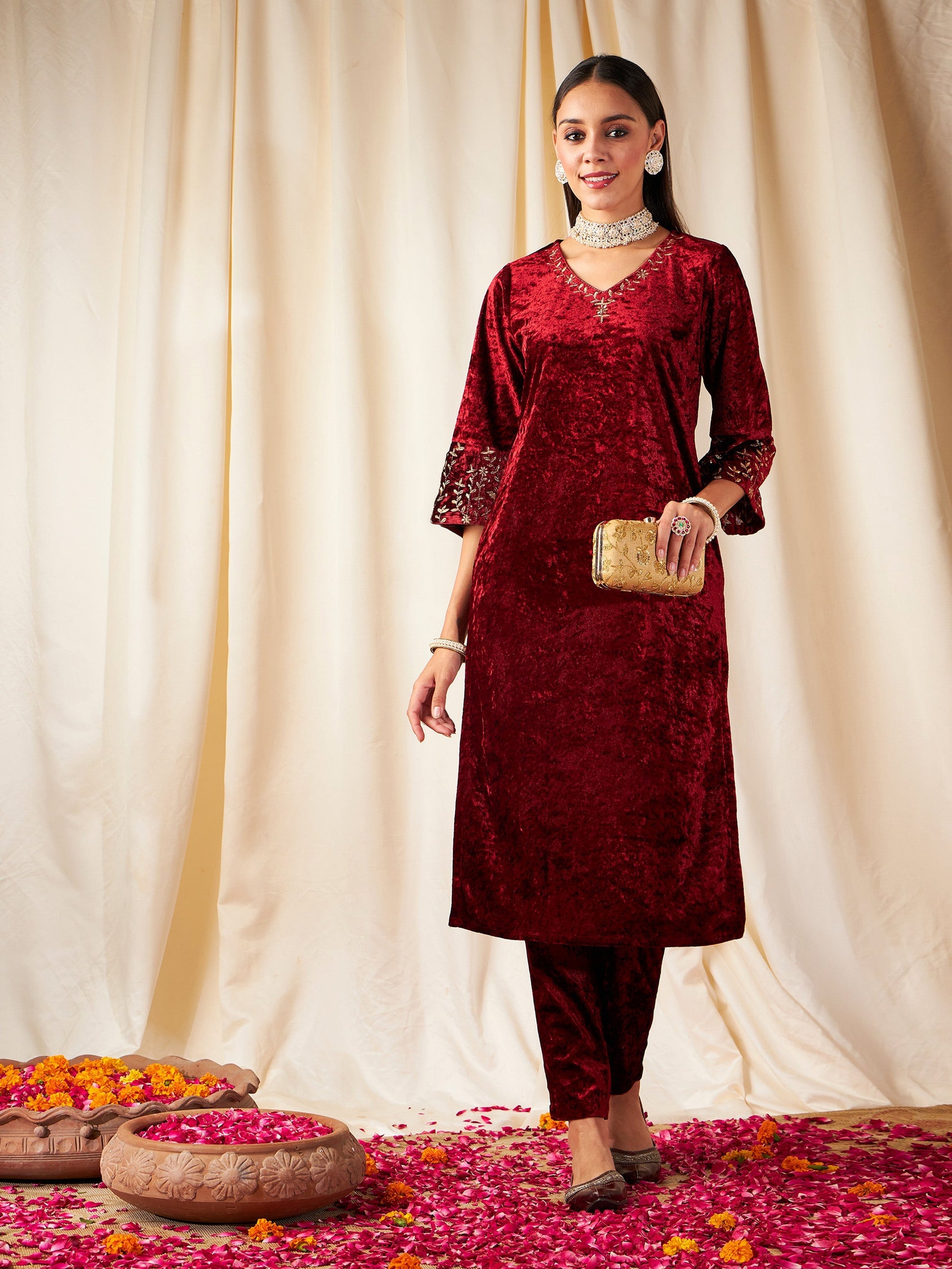Maroon  Velvet Sleeve Embroidered Straight Kurta-Shae by SASSAFRAS