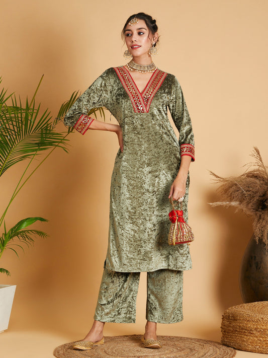Olive Velvet Straight Kurta-Shae by SASSAFRAS