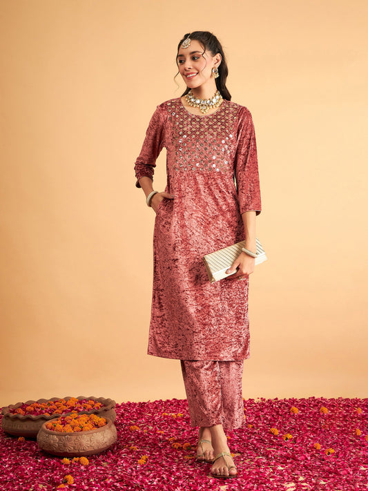Pink Velvet Front Embroidered Straight Kurta-Shae by SASSAFRAS