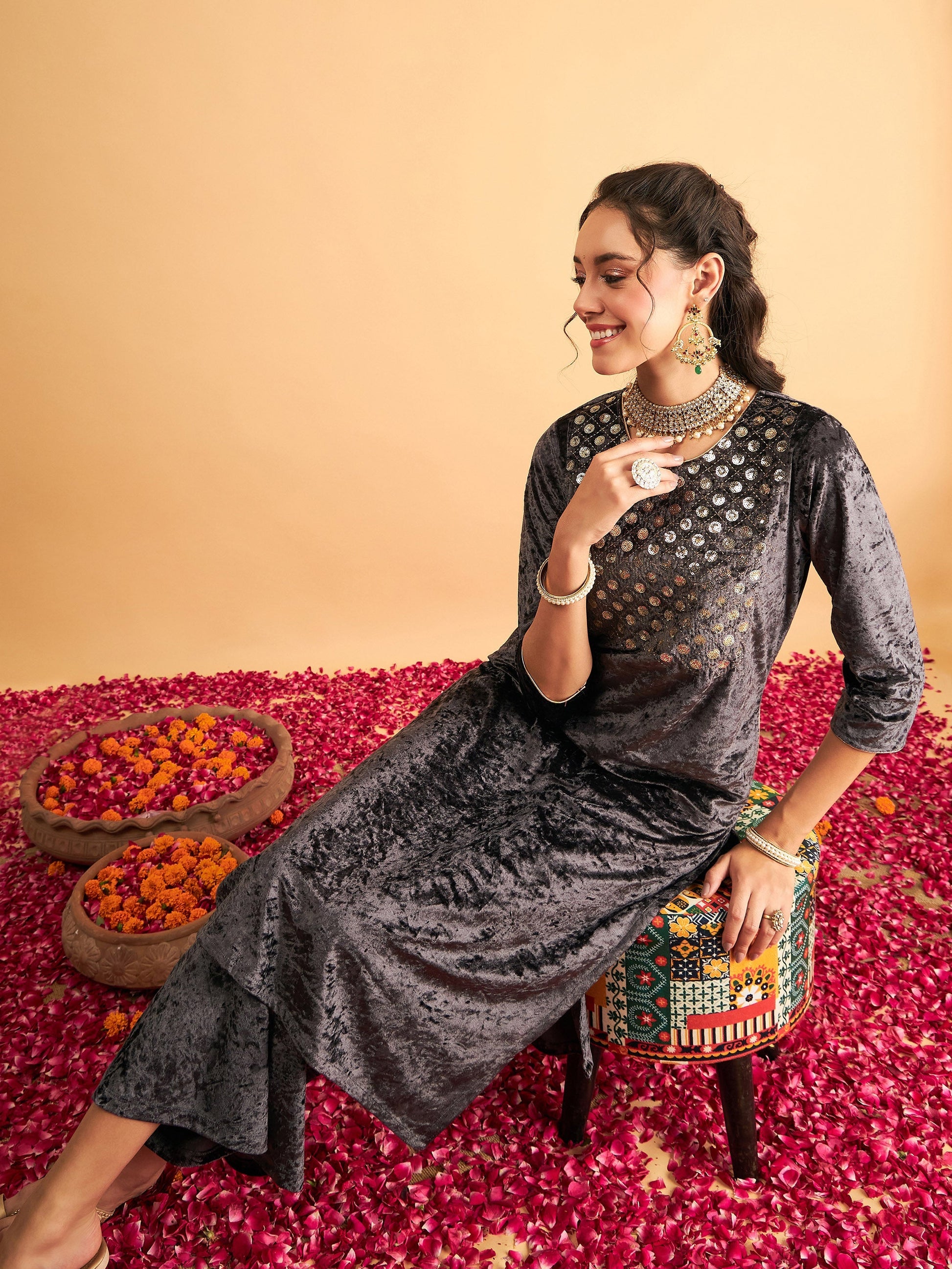 Grey Velvet Front Embroidered Straight Kurta-Shae by SASSAFRAS