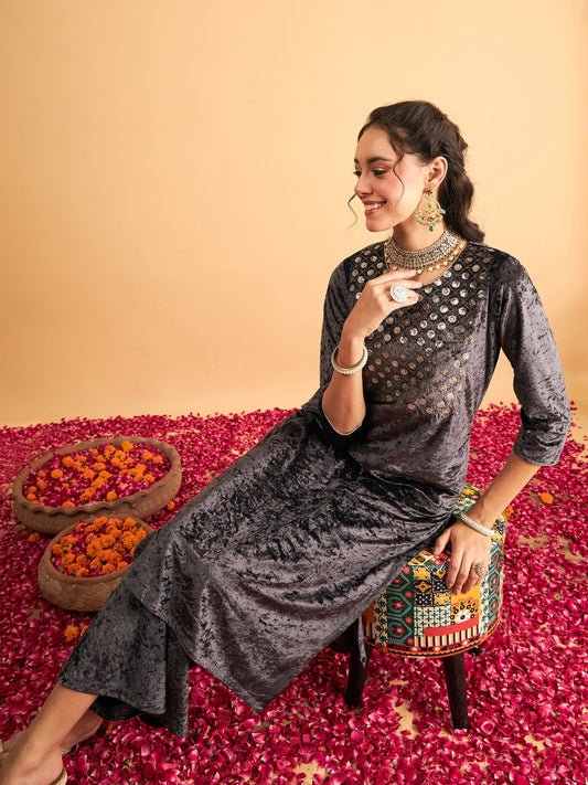 Grey Velvet Front Embroidered Straight Kurta-Shae by SASSAFRAS