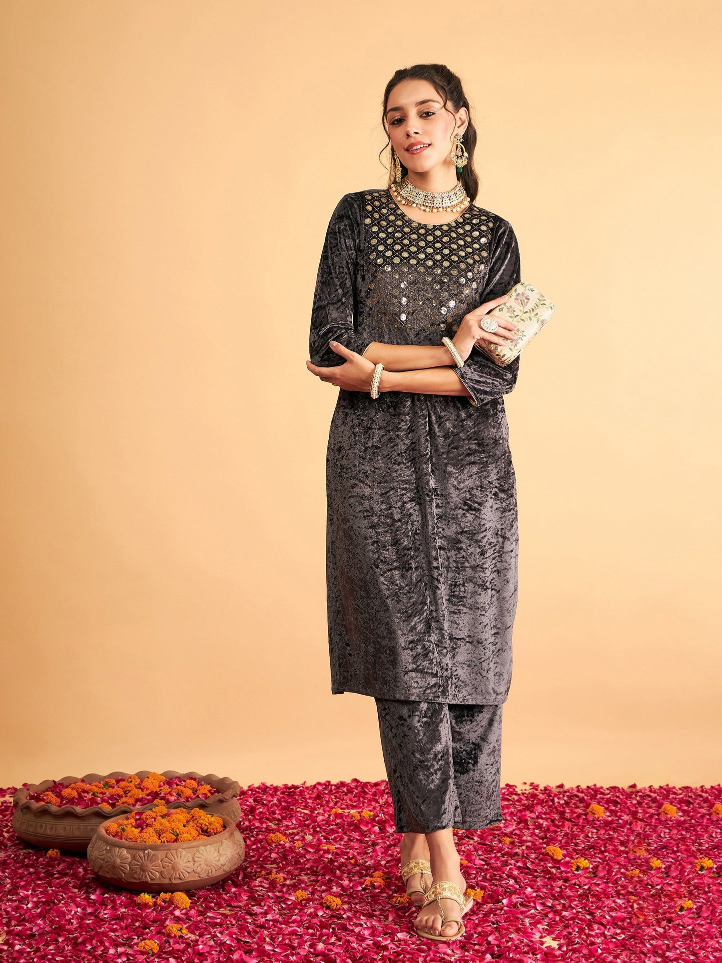 Grey Velvet Front Embroidered Straight Kurta-Shae by SASSAFRAS