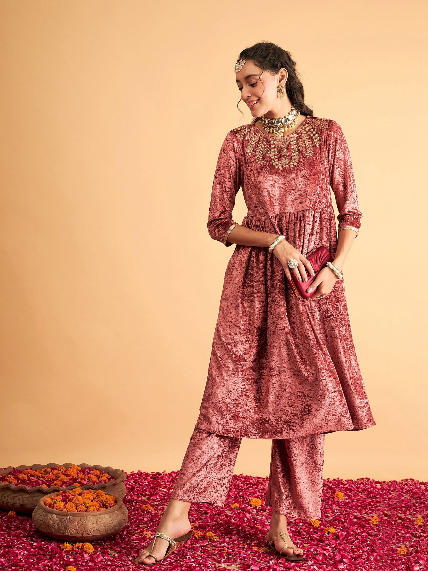 Pink Neck Embroidered Velvet Gathered Kurta-Shae by SASSAFRAS