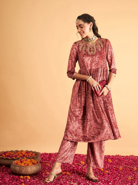 Pink Neck Embroidered Velvet Gathered Kurta-Shae by SASSAFRAS
