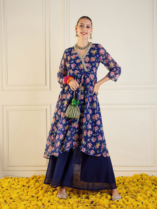 Blue Floral High Low Anarkali Kurta-Shae by SASSAFRAS