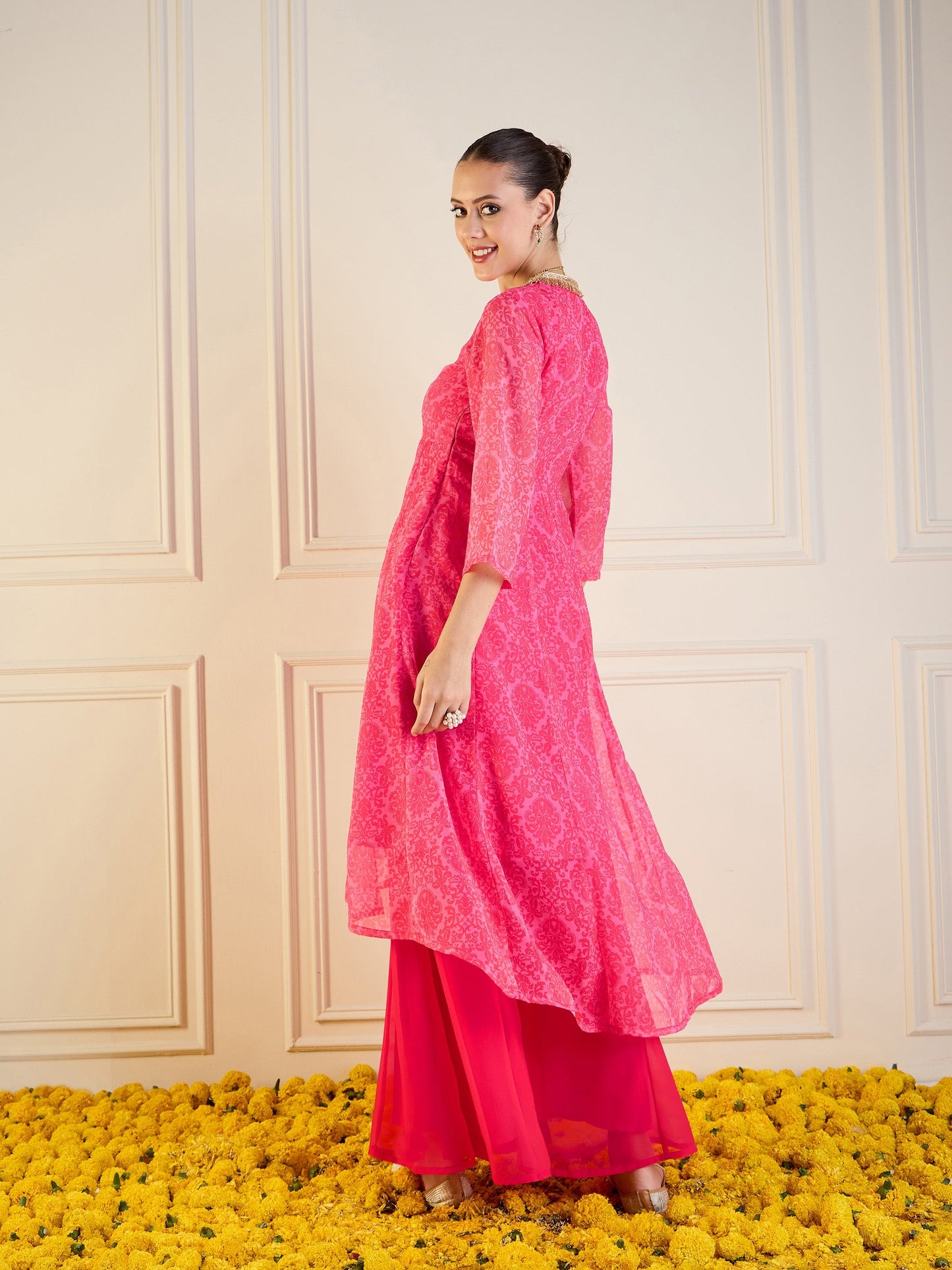 Pink Floral High Low Anarkali Kurta-Shae by SASSAFRAS