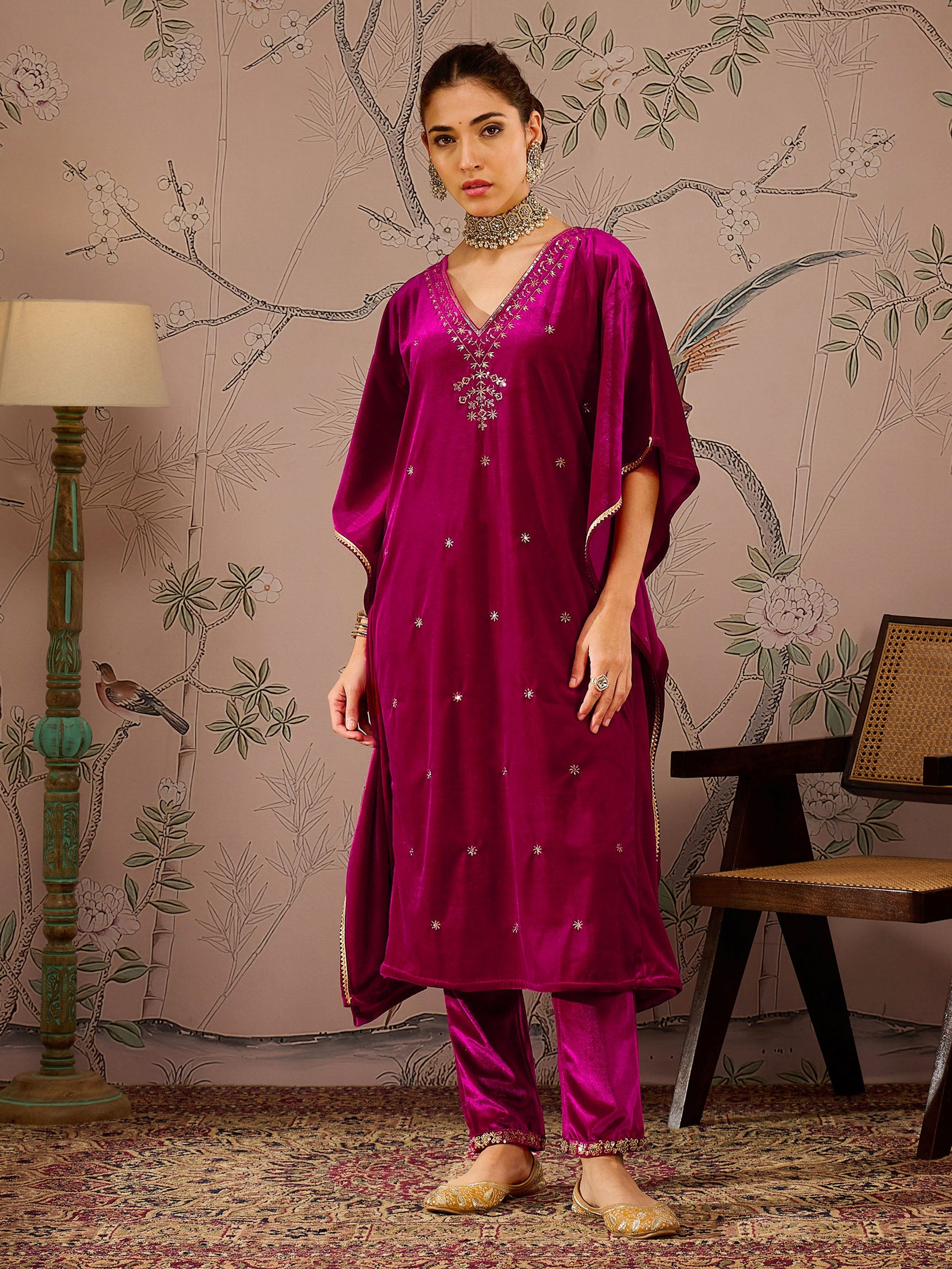 Fuchsia Velvet Front Embroidered Kaftan Kurta-Shae by SASSAFRAS