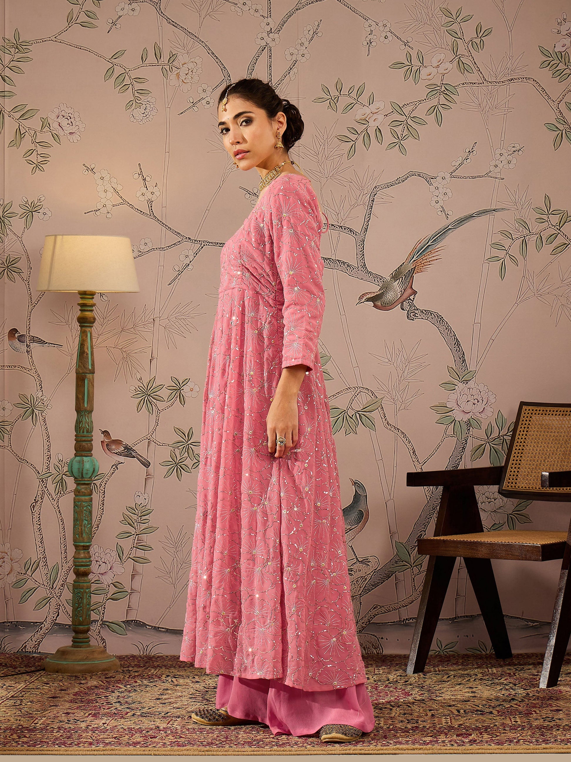 Pink Sequins Sweetheart Neck Anarkali Kurta -Shae by SASSAFRAS