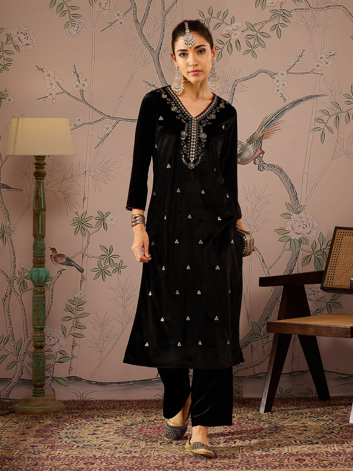 Black Velvet V-Neck Embroidered Straight Kurta -Shae by SASSAFRAS