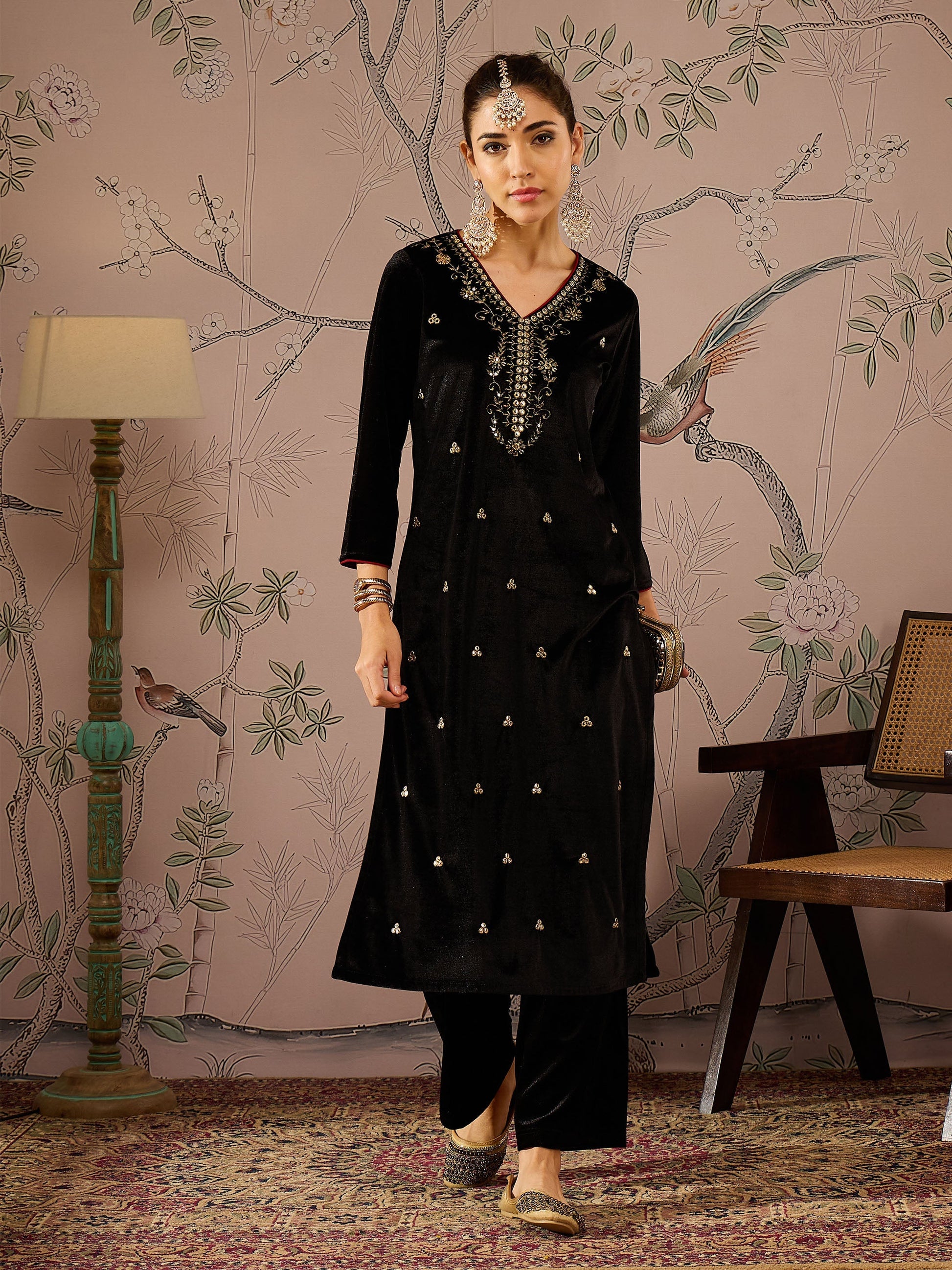 Black Velvet V-Neck Embroidered Straight Kurta -Shae by SASSAFRAS