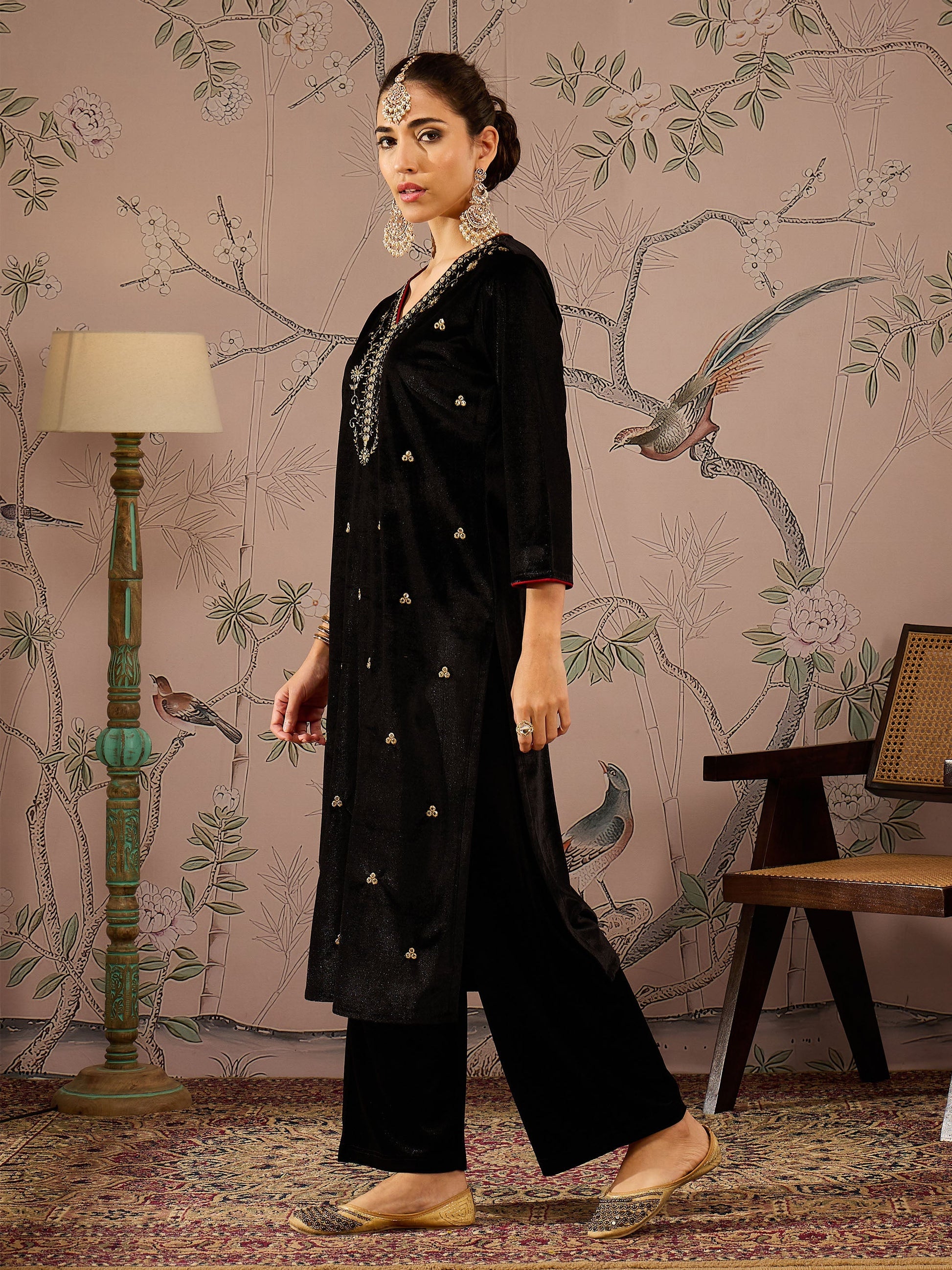Black Velvet V-Neck Embroidered Straight Kurta -Shae by SASSAFRAS