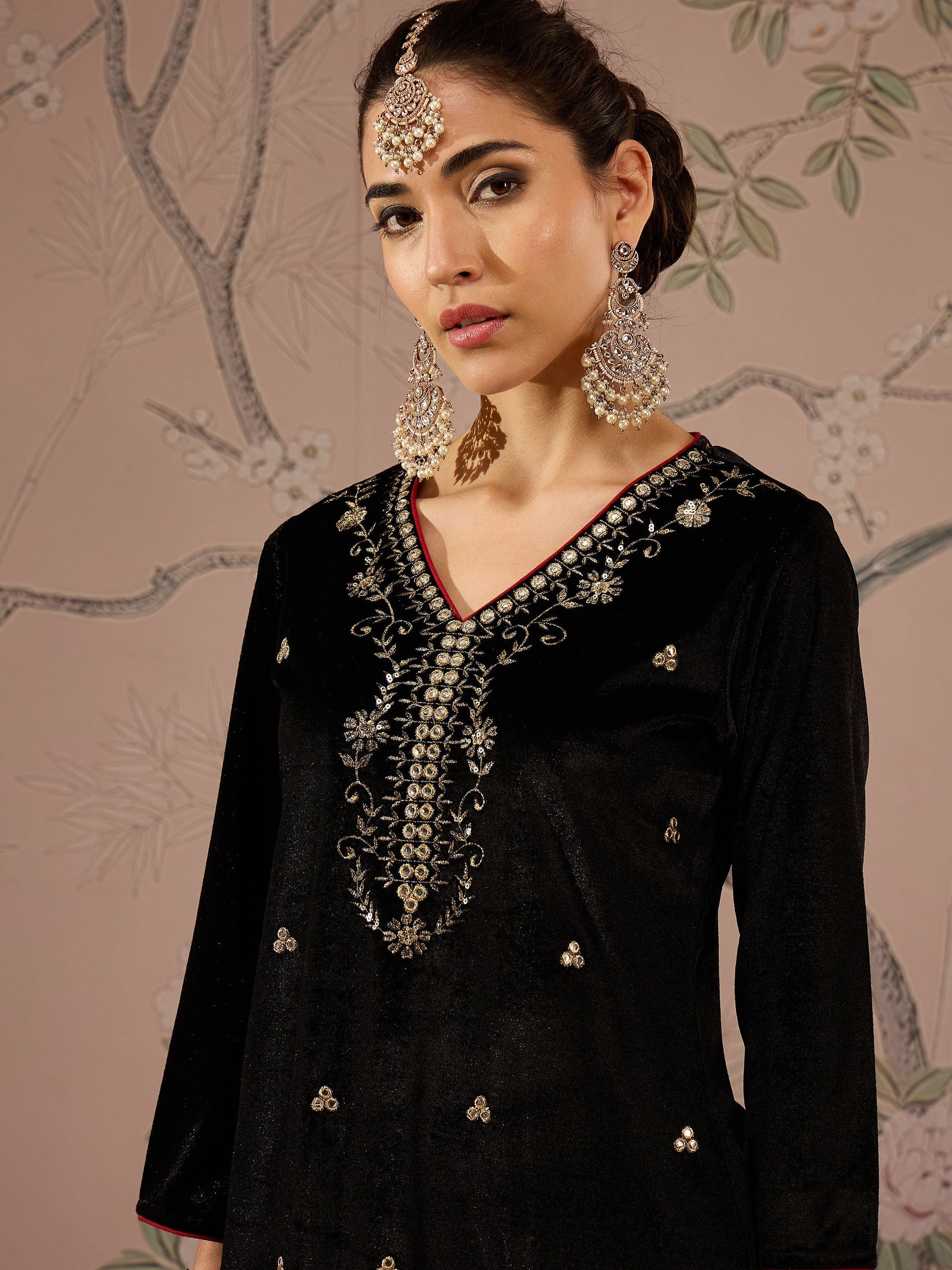 Black Velvet V-Neck Embroidered Straight Kurta -Shae by SASSAFRAS