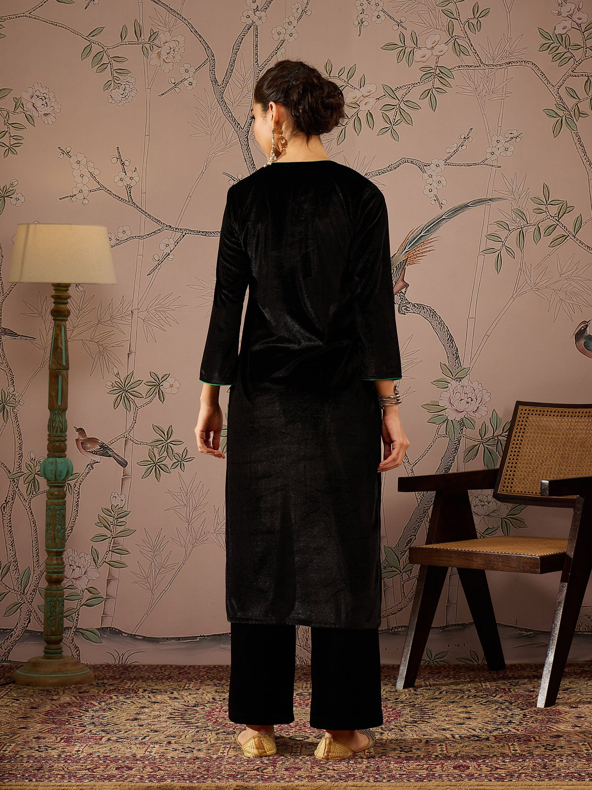 Black Velvet V-Neck Embroidered Straight Kurta -Shae by SASSAFRAS