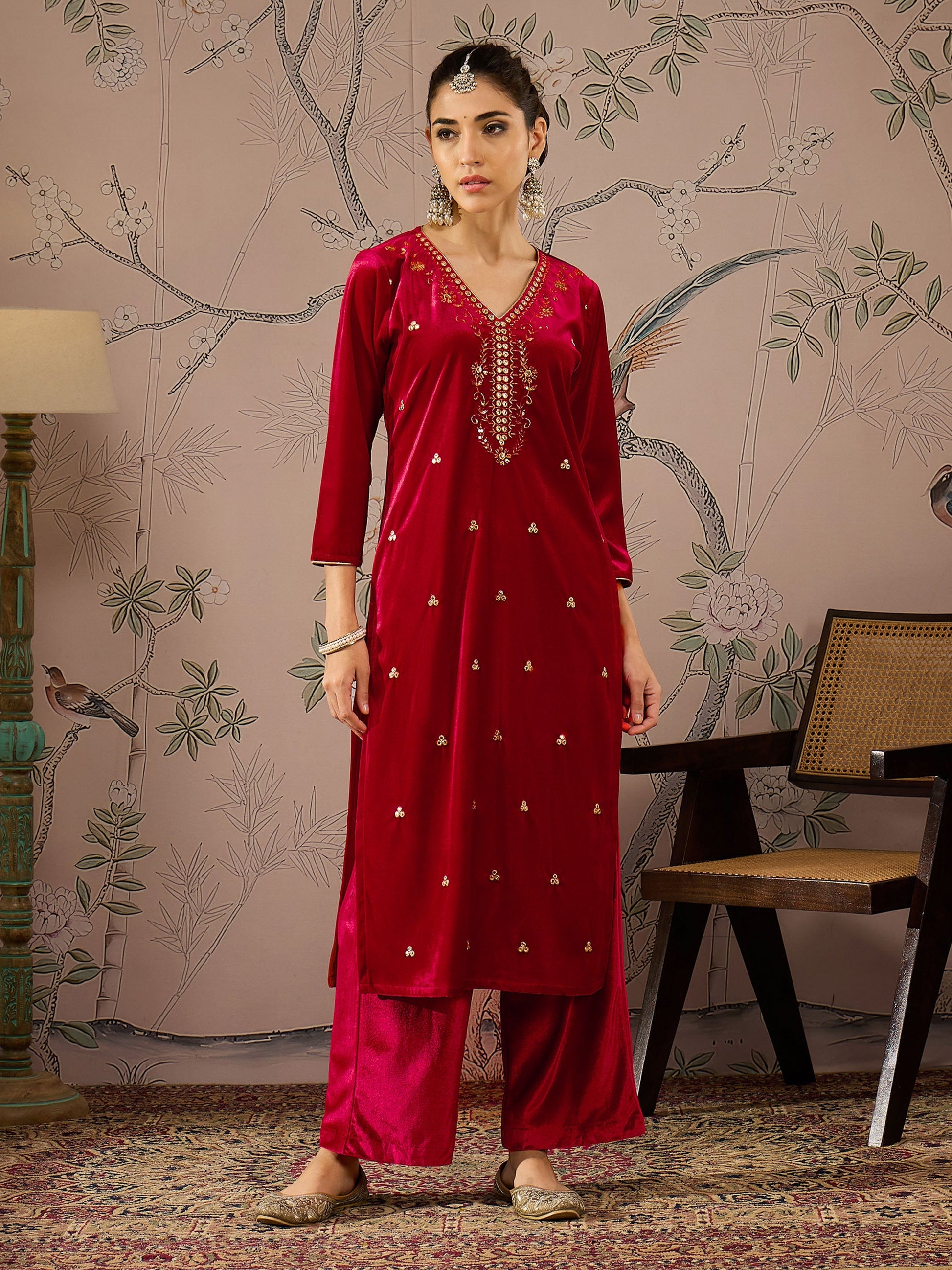Red Velvet V-Neck Embroidered Straight Kurta -Shae by SASSAFRAS