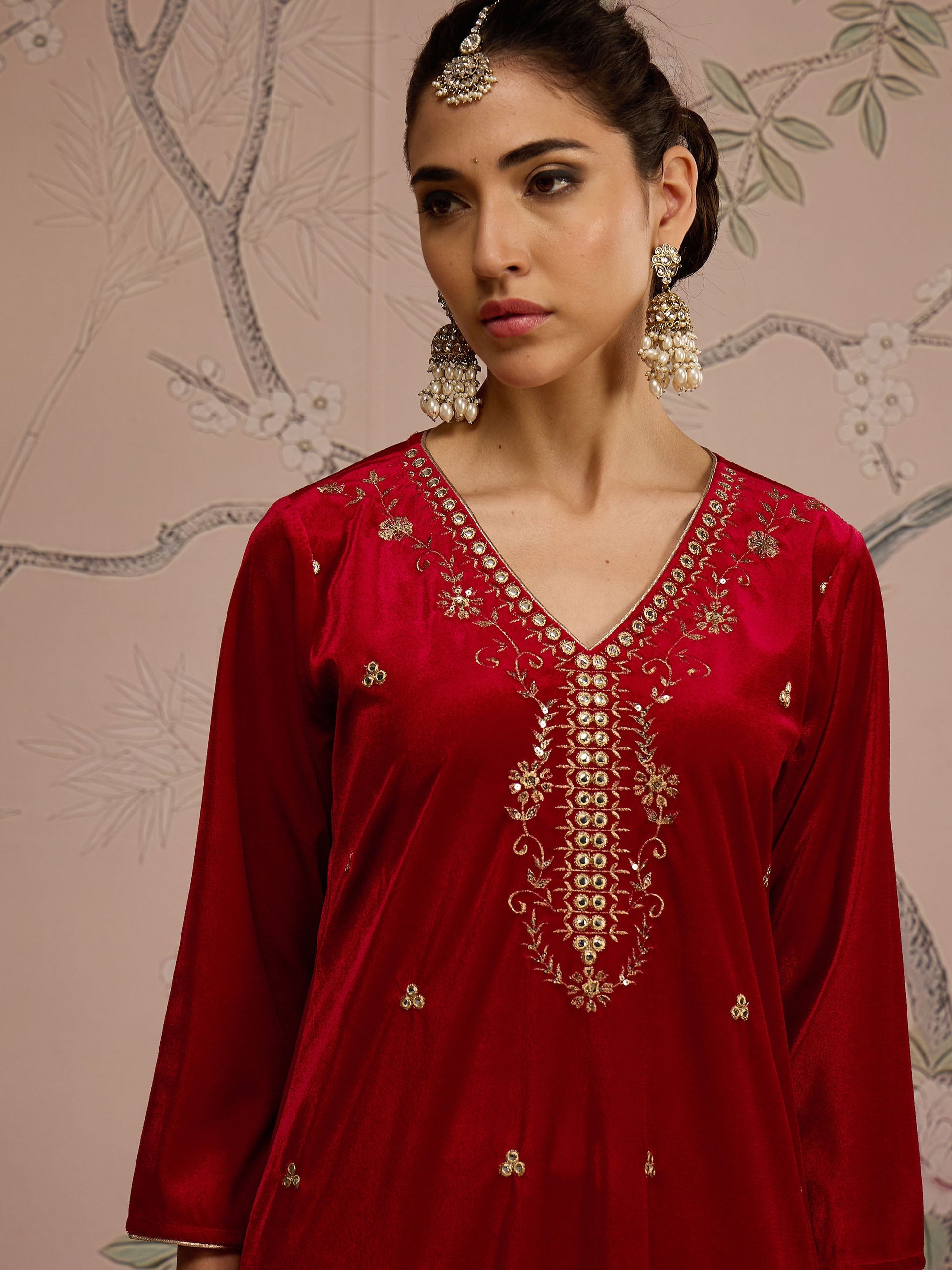 Red Velvet V-Neck Embroidered Straight Kurta -Shae by SASSAFRAS