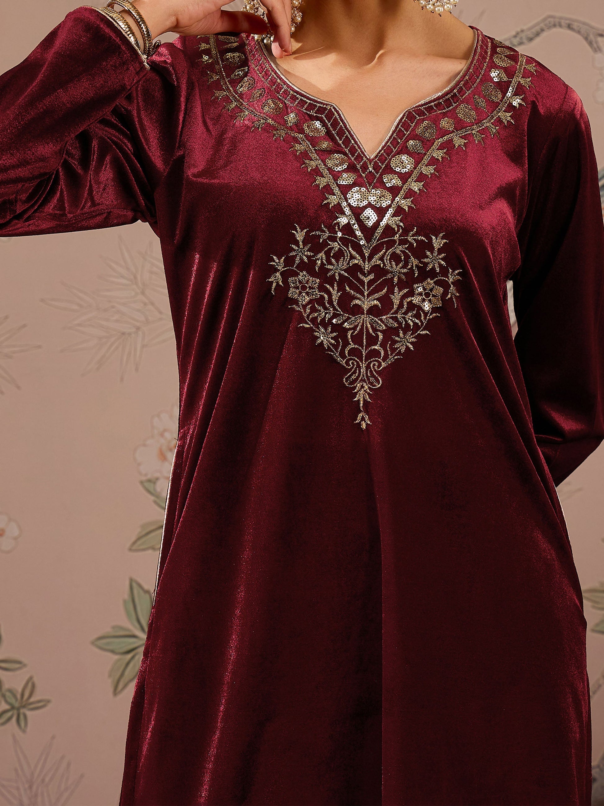 Maroon Velvet Full Sleeves Embroidered Straight Kurta-Shae by SASSAFRAS