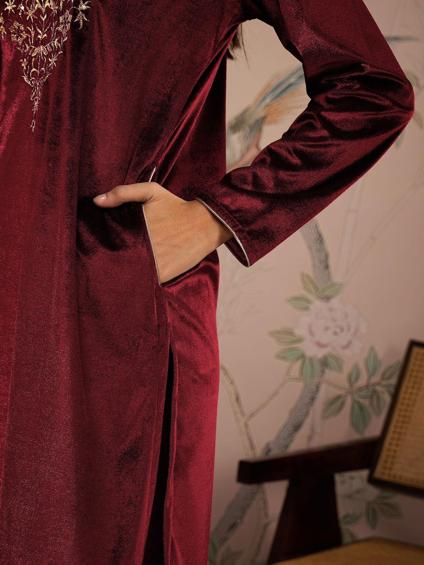 Maroon Velvet Full Sleeves Embroidered Straight Kurta-Shae by SASSAFRAS
