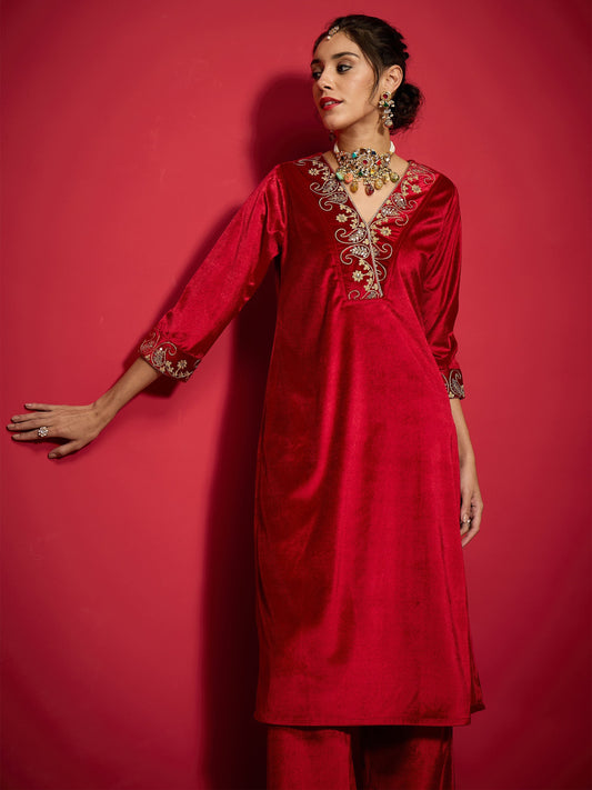 Red Velvet Embroidered V-Neck Straight Kurta-Shae by SASSAFRAS
