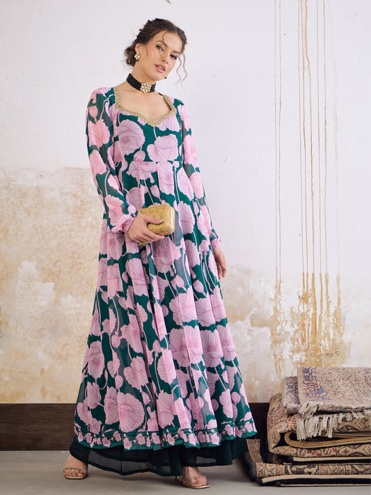 Green & Pink Floral Sweetheart Neck Anarkali Kurta -Shae by SASSAFRAS