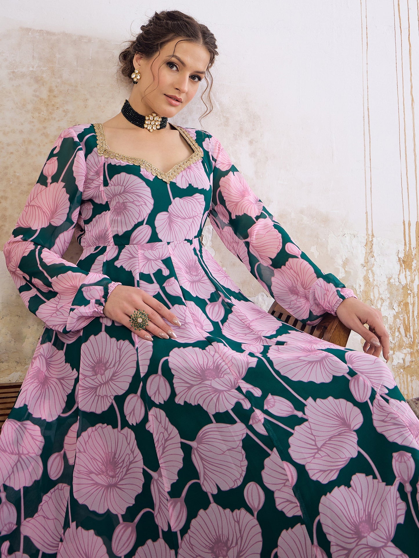 Green & Pink Floral Sweetheart Neck Anarkali Kurta -Shae by SASSAFRAS
