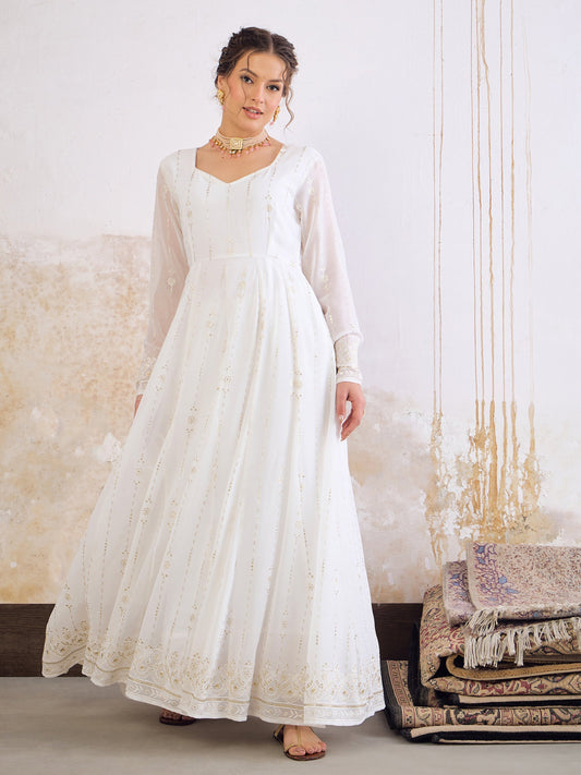 White Sequence Sweetheart Neck Anarkali Kurta -Shae by SASSAFRAS
