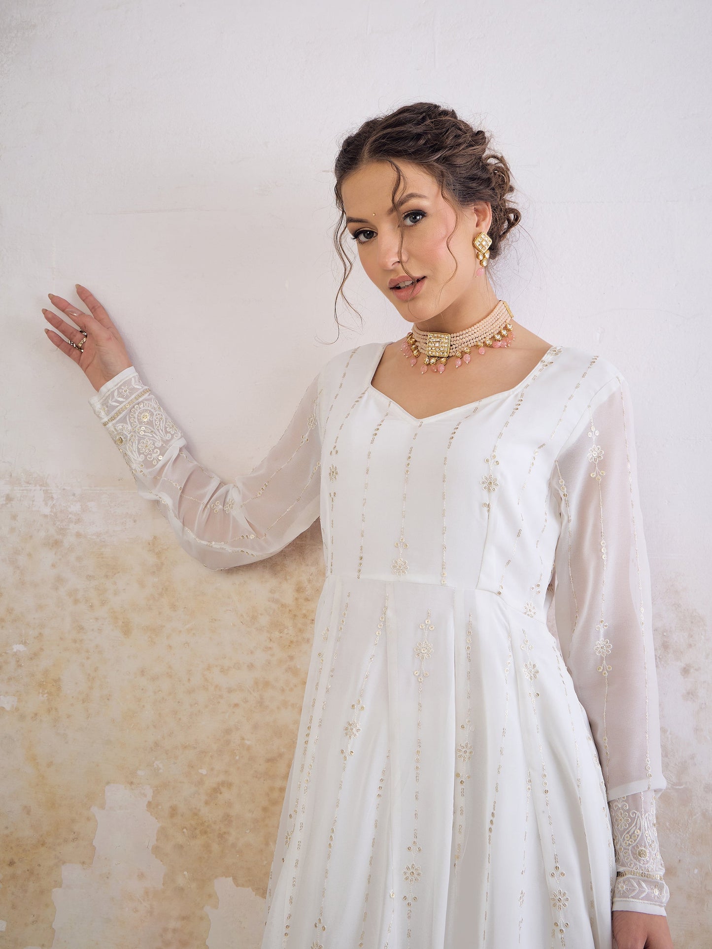 White Sequence Sweetheart Neck Anarkali Kurta -Shae by SASSAFRAS