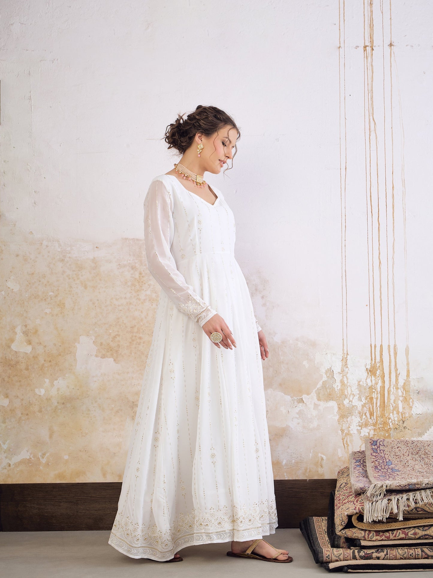 White Sequence Sweetheart Neck Anarkali Kurta -Shae by SASSAFRAS