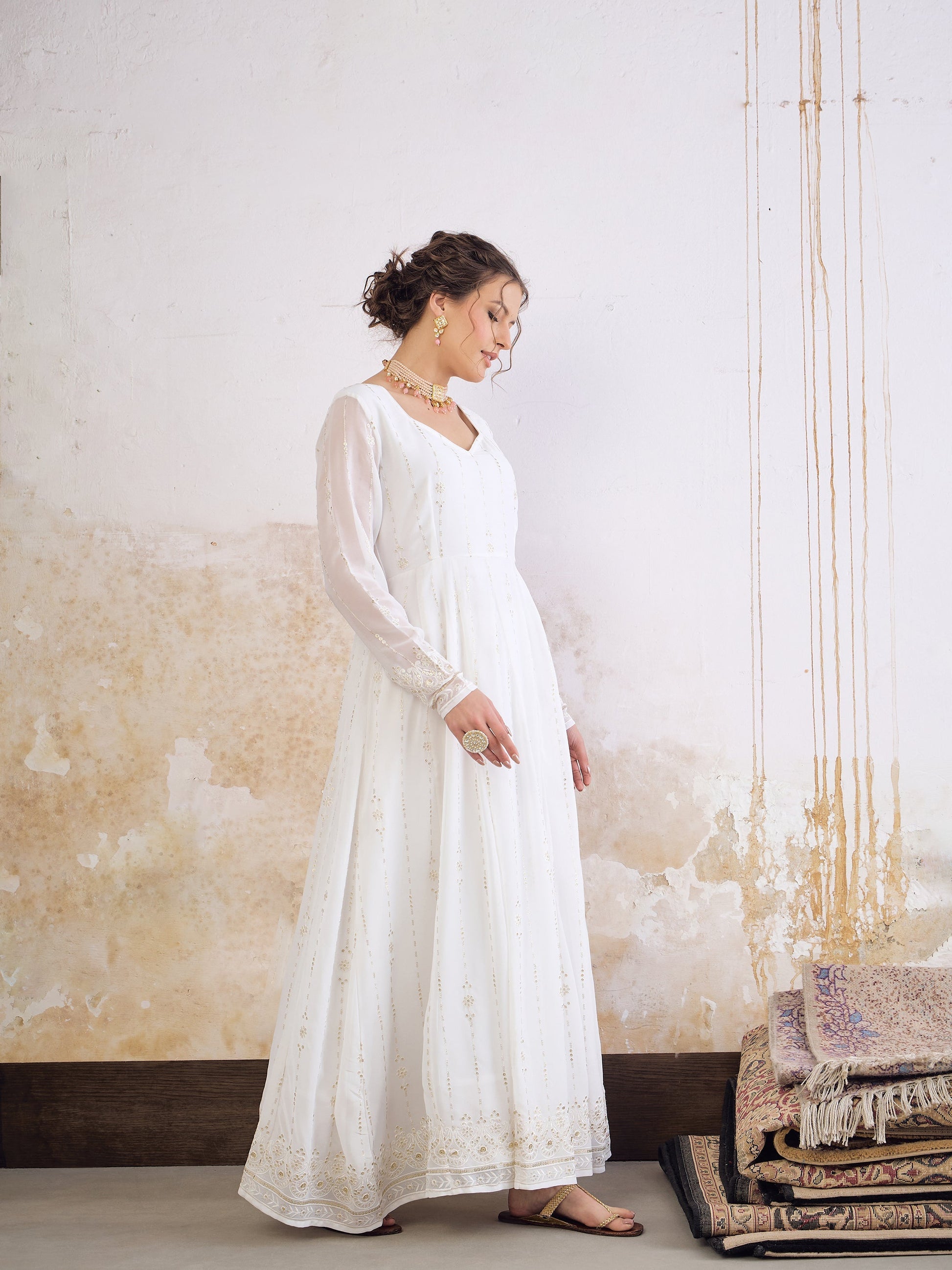 White Sequence Sweetheart Neck Anarkali Kurta -Shae by SASSAFRAS