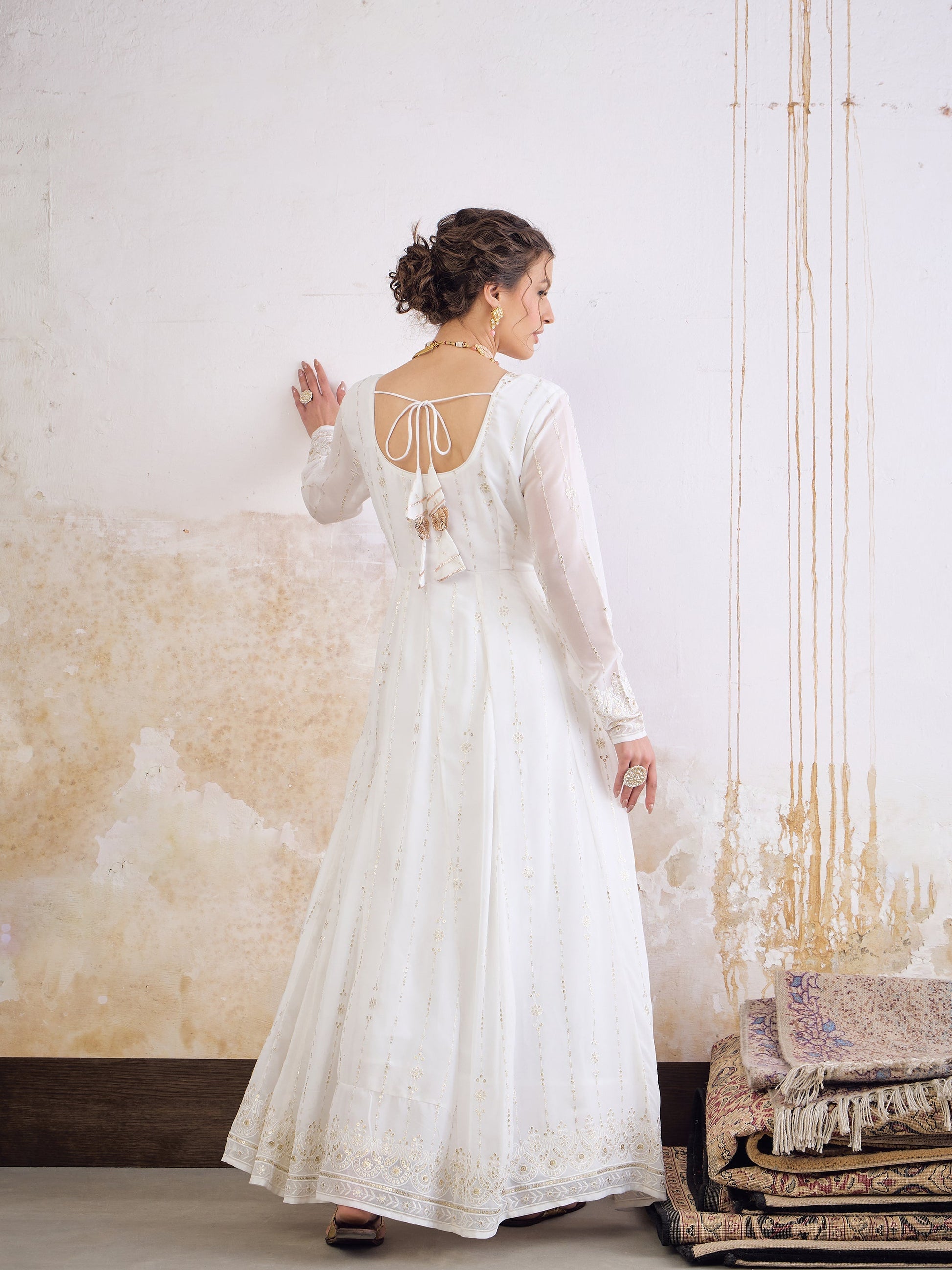 White Sequence Sweetheart Neck Anarkali Kurta -Shae by SASSAFRAS