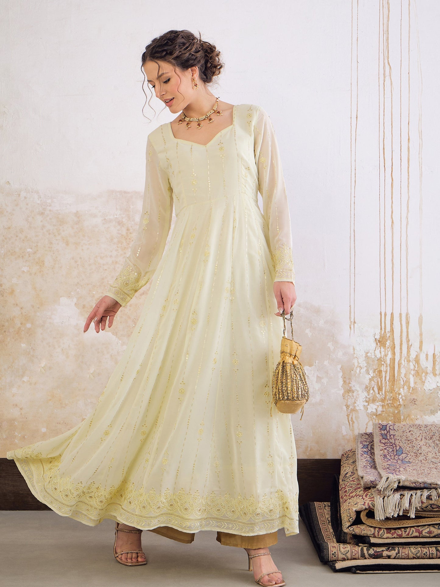 Pastel Yellow Sweetheart Neck Sequence Anarkali Kurta-Shae by SASSAFRAS