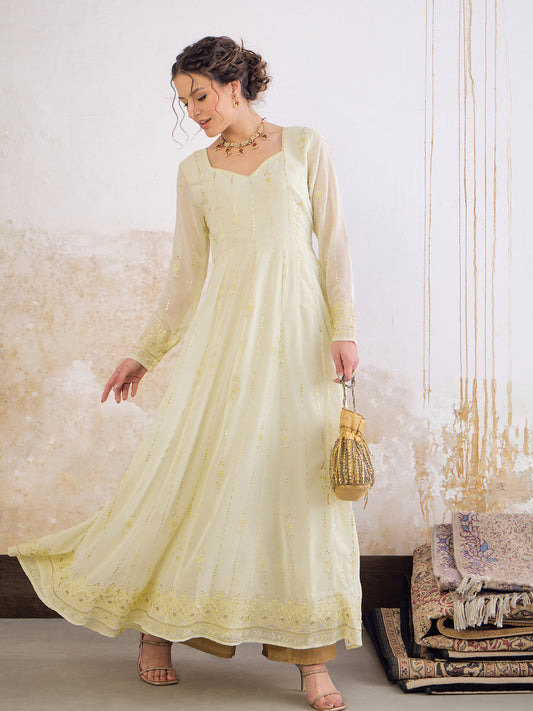 Pastel Yellow Sweetheart Neck Sequence Anarkali Kurta-Shae by SASSAFRAS